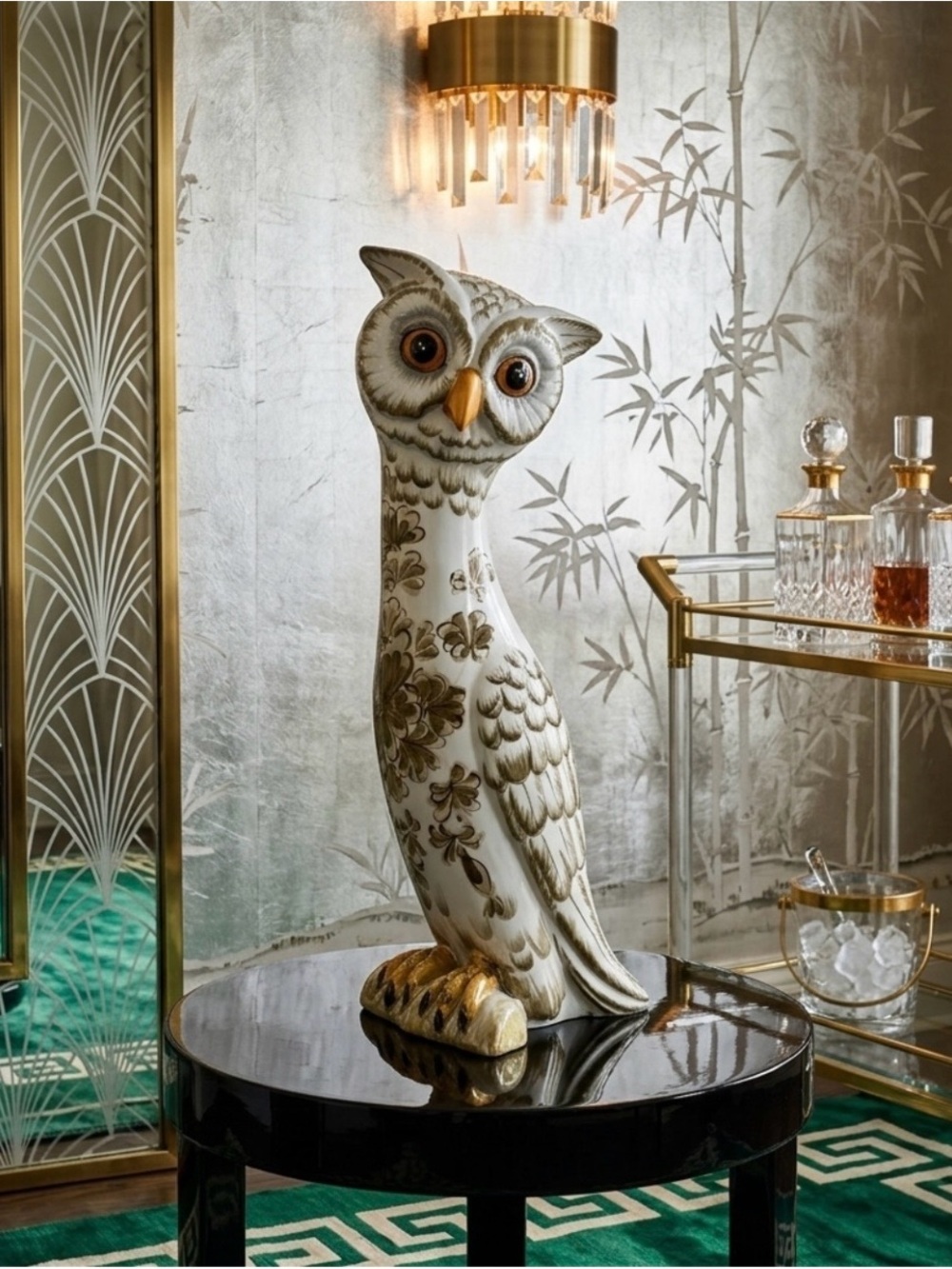 19.5” Tall Owl Hollywood Regency Ceramic Hand Painted Owl, Italy MCM